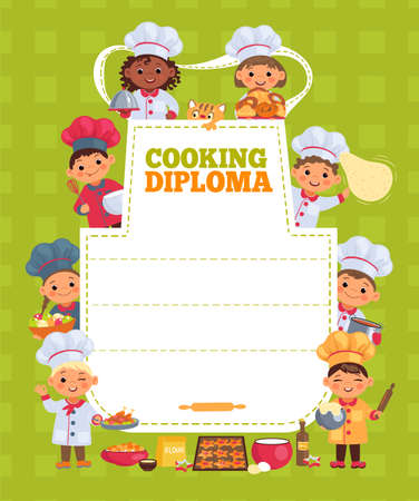 Kids cooking class certificate. Chefs diploma. Children around apron silhouette. Baking and culinary training course. Food preparation education. Boys and girls in uniform. Vector conceptのイラスト素材