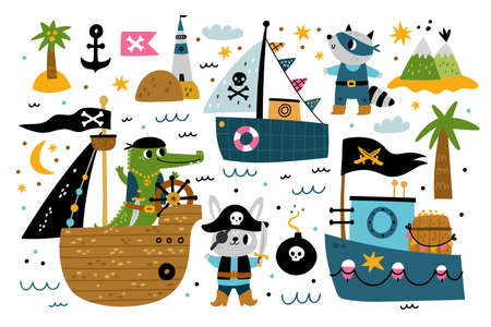 Cute pirate boat. Sailors characters. Animals mariners. Sailing ships. Captains with bandages and hats. Tropical islands. Anchor and skulls. Ocean waves. Vector nautical elements setのイラスト素材