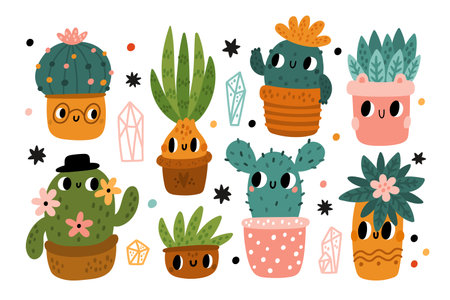 Cute cactus and succulents. Funny desert plants characters with faces. Happy cacti with flowers in different color pots. Childish style houseplants collection. Vector flowerpots setのイラスト素材