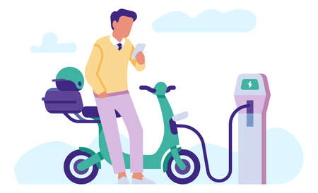 Electric charging station. Man waiting for scooter battery chargeのイラスト素材