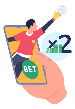 Bookmaker app. Soccer bet online. Football player on smartphone screenのイラスト素材