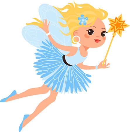 Magic fairy flying. Blonde young girl in blue dressのイラスト素材