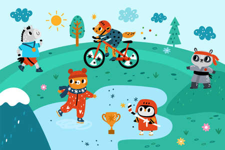 Animals outdoor sport. Athletes are engaged physical exercises in park. Ice skating bear and running horse. Owl playing hockey. Fox riding bike. Raccoon training karate. Vector conceptのイラスト素材