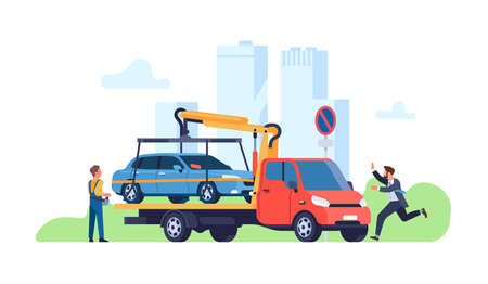 Car evacuator. Parking violations consequences. Driver catches up with automobile. Forced transportation of vehicle. Transport evacuation. Tow truck takes auto away. Vector conceptのイラスト素材