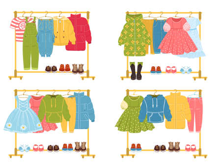 Kids clothes hanger racks. Childish apparel store. Girly and boyish things stands. Different seasons sales. Fashion boutique. Garments and footwear. Vector wardrobe set for childrenのイラスト素材