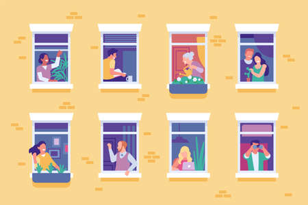 People in windows. Housemates engaged in everyday household chores. Woman watering flowers. Man looking through binoculars. Couple reading on windowsill and hugging. Vector neighbors setのイラスト素材