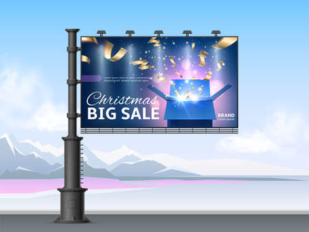 Realistic billboard advertisement design. Christmas discount advertising signboard. Street stand. Banner construction with sale poster. Outdoor sign border and landscape. Vector conceptのイラスト素材