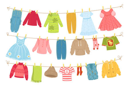 Baby clothes ropes. Washed garment hanging on cords and dries. Boyish and girly things on clothesline with clothespins. Dresses and trousers. Socks and sweaters. Vector drying clothing setのイラスト素材