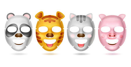 Cosmetic animal face mask. Realistic cotton facial sheets with different animals muzzles. Panda and tiger. Isolated cat and pig heads. Beauty and skincare. Vector moisturizing products setのイラスト素材