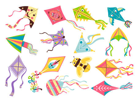 Flying kites. Different shapes and design flying toys, bright color craft objects, kids controlled device, bee and smiling faces, outdoor active summer games, vector isolated setのイラスト素材