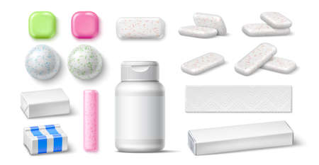 Pads chewing gum. Realistic bubblegums, 3d products, different packaging mockup. White pads, balls and sticks, menthol and fruit flavor, fresh breath teeth hygiene, vector isolated setのイラスト素材