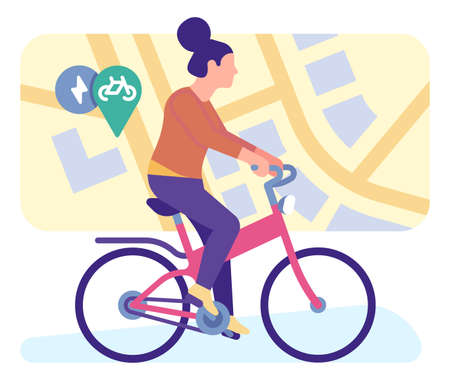 Woman riding on bicycle to sharing zone. Transport rent serviceのイラスト素材