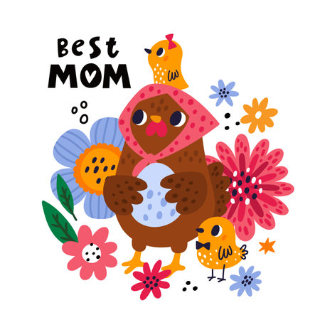 Chickens mothers day. Little chicks with funny hen mom. Bird holding egg. Flowers and plants. Cartoon greeting card. Poultry characters. Domestic animals. Fowl family. Vector posterのイラスト素材