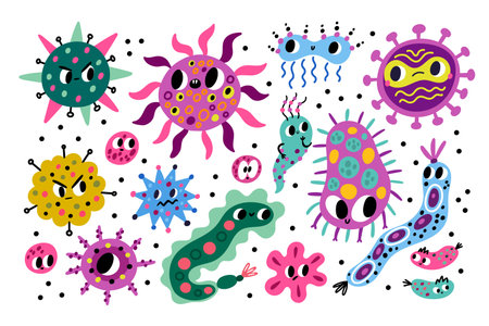 Germ characters. Cartoon bacteria and viruses. Kids comic unicellular microorganisms. Harmful and beneficial microbes. Infectious bacterium. Biology and chemistry. Vector pathogens setのイラスト素材