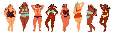 Hair flowers women. Body positive girls in underwear and floral hairstyles. Spring and summer beautiful female characters. Beach vacation. Vector set of ladies in bikinis with blossomsのイラスト素材