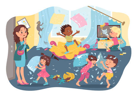 Naughty children make mess. Kids destroy house. Mom is standing on doorstep room. Broken pot and cat on curtains. Boys fight pillows and jump on sofa. Girl draw on TV. Vector conceptのイラスト素材
