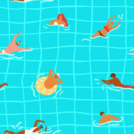 People swimming seamless pattern. Cartoon print with happy swimmers in bikini. Men and women sport. Tiled blue pool bottom. Persons swim in water. Summer holidays. Vector backgroundのイラスト素材