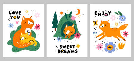 Funny fox cards. Nordic kids style animals. Cartoon forest wildlife characters. Childish posters with motivational text. Furry vixens dream or play in meadow. Vector woodland predator setのイラスト素材