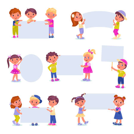Kids holding banners. Funny girls and boys with blank posters different shapes, cute children with big paper sheets, white advertising placards with copy space, vector cartoon flat style isolated setのイラスト素材