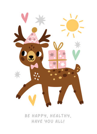 Animal birthday card with cute wish. Deer with gift boxのイラスト素材