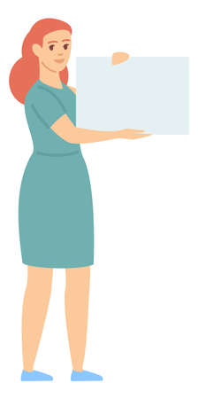 Woman holding white paper banner. Message blank templateのイラスト素材