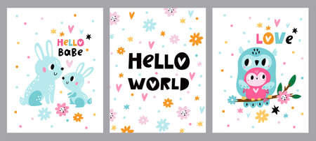 Cute baby shower animals cards. Kids invitation posters. Hello world greeting banners. Funny owl and bunny with little children. Rabbits and birds families. Vector holiday postcards setのイラスト素材