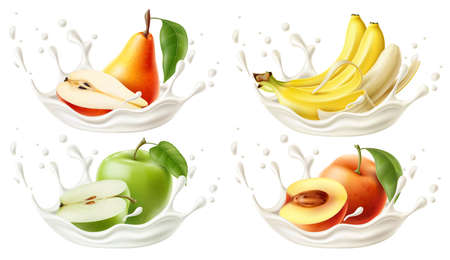 Realistic yogurt fruit splashes. Fermented milk drops and liquid bursts. Whole or half juicy pear and peach. Banana or apple tastes. Probiotic dairy product. Cream splatters. Vector food flavors setのイラスト素材