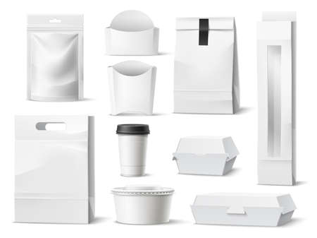 Street food packaging. Realistic paper takeaway containers template. Blank meal bags. Cardboard boxes and coffee cup mockups. Empty snack packing. Vector 3D disposable packages setのイラスト素材