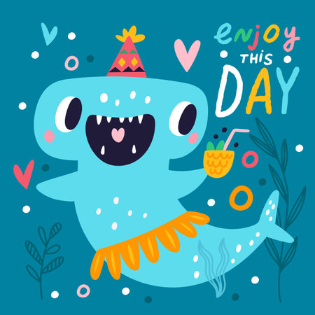 Cute shark poster. Sea funny creature. Holiday cocktail. Birthday party card. Happy hammer fish. Cartoon ocean underwater swimming animal. Celebrating aquatic character. Vector conceptのイラスト素材