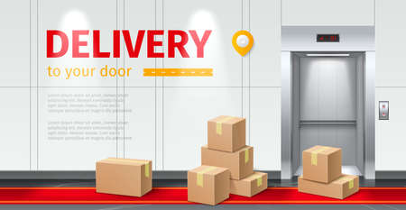 Delivery service to door. Realistic elevator with metal open doors and cardboard boxes. Building hallway with red carpet. Goods transportation. Vector parcel shipping advertising bannerのイラスト素材