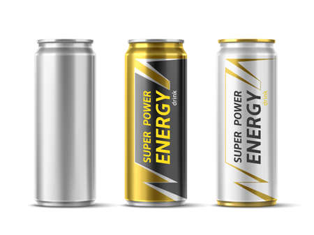 Energy drink can design. Realistic disposable metallic beverage containers. Different colors aluminum packaging mockup. Isolated 3D blank metal bottle. Vector white and black packages setのイラスト素材