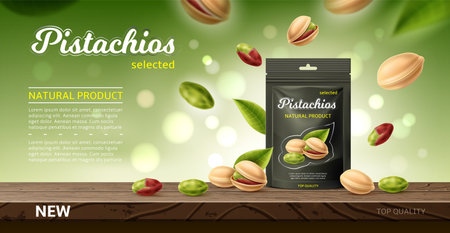 Nuts package poster. Realistic pistachios bag design. Advertising banner. Flying roasted seeds and green leaves. Natural snack packaging on tabletop. Healthy organic food. Vector conceptのイラスト素材