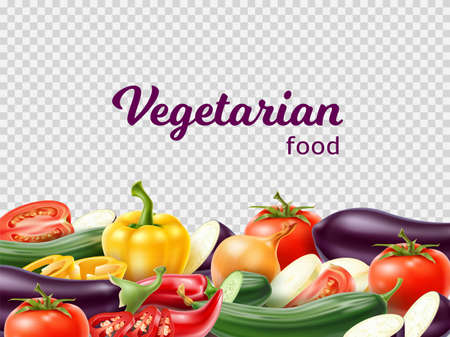 Realistic vegetables frame. Vegetarian products border and transparent background. Agricultural harvest. Whole eggplant and tomato. Sliced pepper or cucumber. Healthy food. Vector conceptのイラスト素材