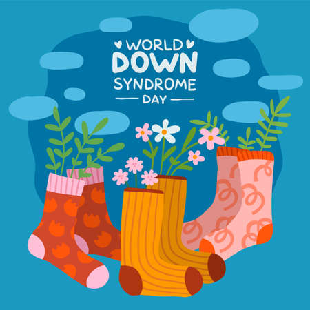 World Down syndrome Day socks poster. Colorful patterned knee socking with beautiful flowers. 21 March. Trendy ornaments. Hosiery and plants. Chromosome congenital disease. Vector conceptのイラスト素材