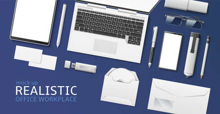 Top view desk banner. Realistic office workplace. White gadgets. Devices and stationery mockup. Visit cards. Tablet or laptop. Letter envelope. Blank items template. Vector conceptのイラスト素材
