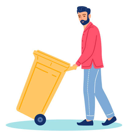 Man dragging trash bin. Guy with garbage containerのイラスト素材