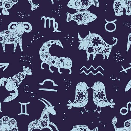 Zodiac signs seamless pattern. Blue print with star constellations, astrological icons and horoscope floral symbols. Zodiacal animals. Cute children decorative style. Vector backgroundのイラスト素材