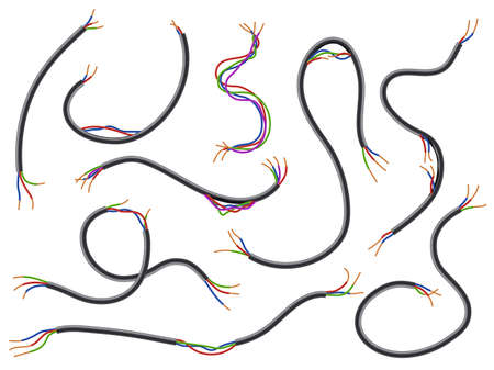 Broken wires. Realistic flexible torn cables with colored wiring. Damaged electrical connections....