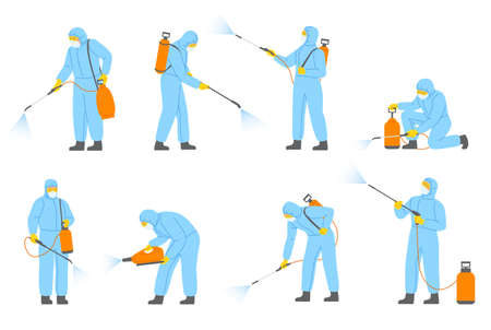 Disinfectors characters. Professionals in uniform sprayed chemicals. Parasites extermination. Insect decontamination. People in protective overalls. Vector disinfection workers setのイラスト素材