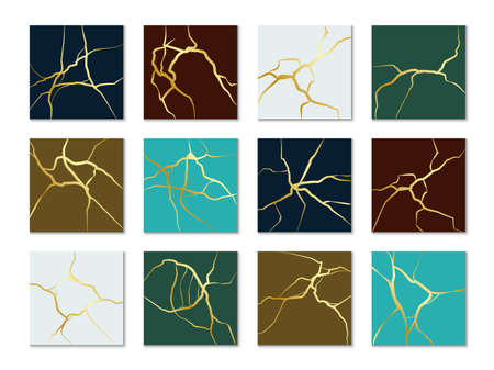 Gold kintsugi cards. Square mini banners with crackle texture. Japanese porcelain gluing technique. Abstract covers with crack effects. Glitter mosaic veins. Vector luxury surfaces setのイラスト素材