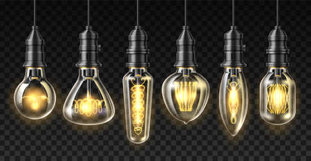 Realistic loft light bulbs. 3D Edison lamps. Steampunk vintage design. Different incandescent filaments weaving and lightbulbs shapes set. Hanging on wire. Vector indoor illuminationのイラスト素材