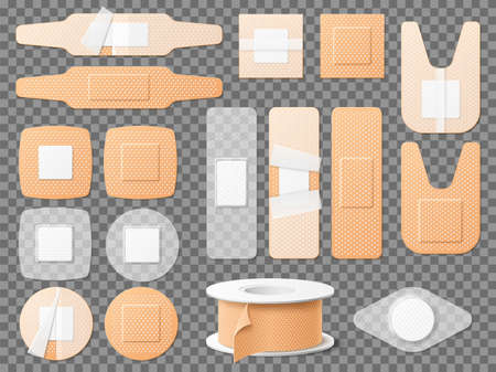 Realistic medical bandages and plasters. 3D sticky tape. Sealing wounds and injury. Antibacterial adhesive strips and rolls. Different shapes. First aid. Vector antiseptic patches setのイラスト素材