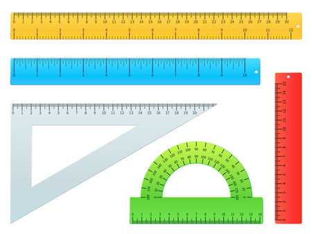 Realistic rulers. School accessories. Measuring length and angles. Units meter. Straight lines. Protractor and square. Centimeter and millimeter measurement. Vector stationeries setのイラスト素材
