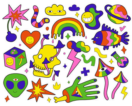 Retro psychedelic elements. Surreal hippie symbols. Acid colors stickers. Mushrooms and skull. Clouds with lightning. Rainbow or alien head. Bomb explosion. Vector weird bright icons setのイラスト素材
