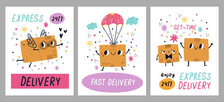 Delivery box posters. Cute cardboard container characters, funny boxes with happy faces hand drawn cartoon style, fly to addressees, express transportation, advertising banners vector setのイラスト素材