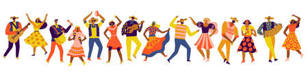 Festa Junina people. Traditional holiday. Brazilian and Latin country day. Folk fest. Musical party. Dancers and musicians. Men and women in colorful clothes. Vector dancing persons setのイラスト素材