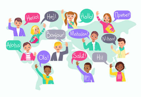 Multilingual hello kids. Different cultures communication, children greet on various languages, young foreigner students on word map background, boys and girls vector cartoon flat conceptのイラスト素材
