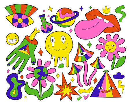 Psychedelic symbols. Acid colours trendy symbols, 80s 90s funny surreal artworks, retro style weird stickers, crazy trippy icons. Yellow smiley, toxic mushrooms abstract flowers vector setのイラスト素材