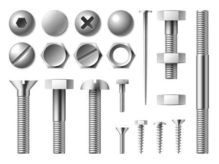 Realistic metal bolts. Steel nuts and screws. Nails or rivets. Round or hexagonal metallic caps. Chrome fixing devices. Repair tools. Hardware collection. Vector fastening elements setのイラスト素材
