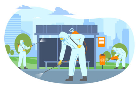 Antiviral disinfection. People in protection treat streets from viral and bacteria hazards. Pathogen cleaning service. Global quarantine. Disinfectors spray chemicals. Vector conceptのイラスト素材